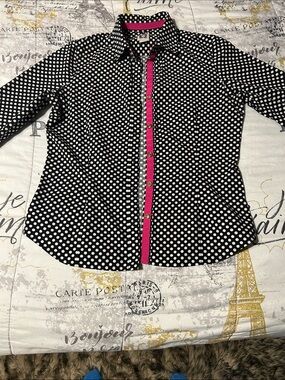 Anne Klein Black & White Polka Dot button down with Pink Trim